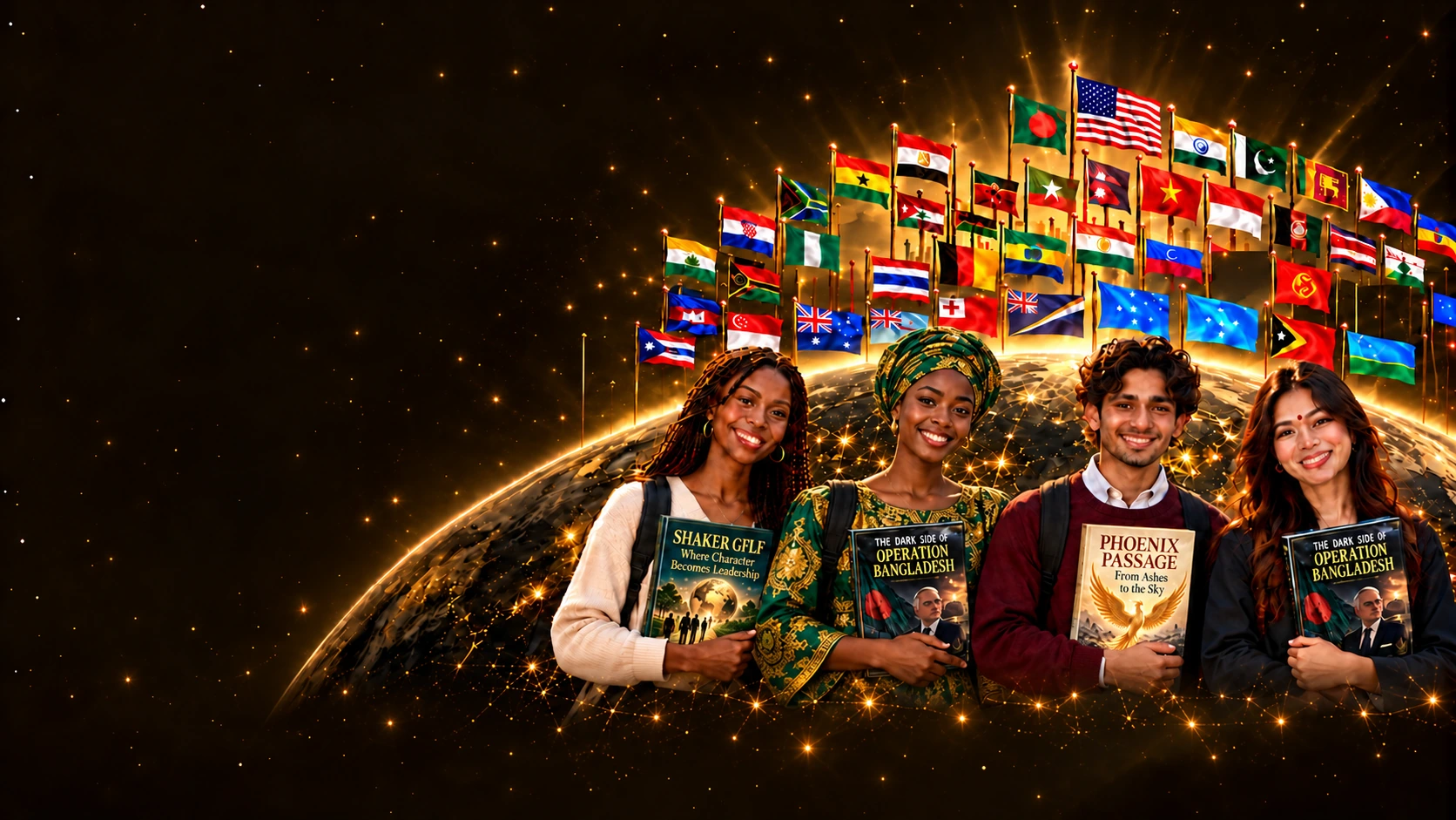 Four students holding books before a glowing global network and national flags